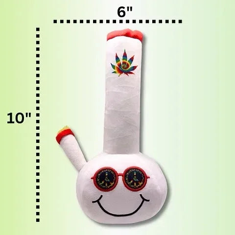 Plush bong toy with smiley face, colorful leaf design, and red trim, 10 inches tall