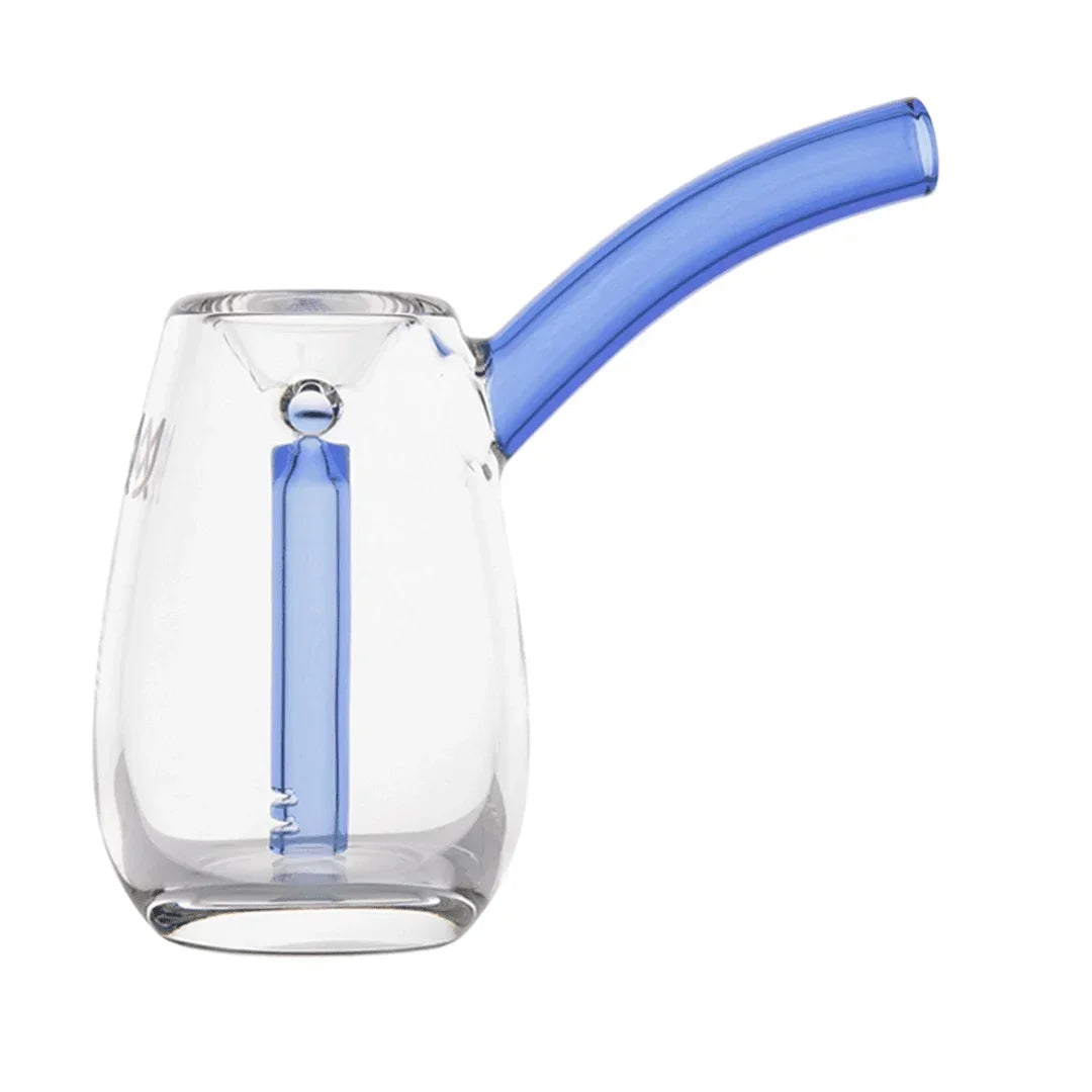Clear glass hand pipe with blue percolator and angled blue mouthpiece