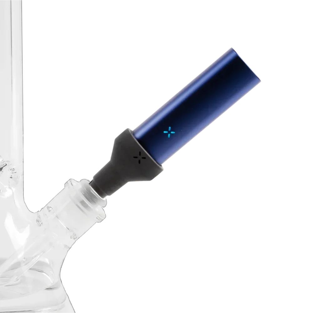 Blue vaporizer with adapter attached to a clear glass water pipe on black background