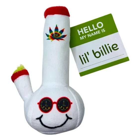 Plush toy shaped like a white water pipe with smiling face, glasses, and a colorful embroidered leaf.