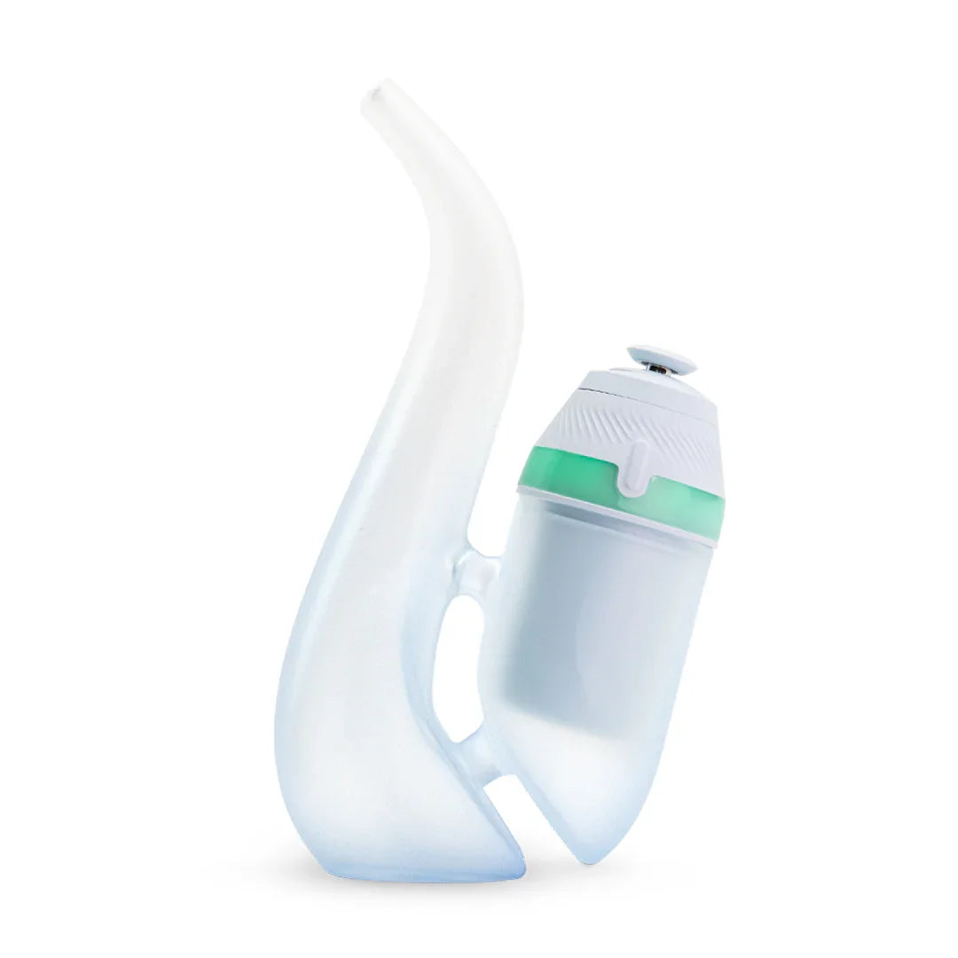 Modern glass vaporizer with frosted finish and curved design on white background