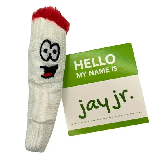 Plush joint toy with cartoon face beside green name tag labeled 'jay jr.'