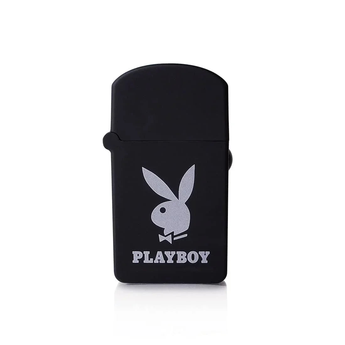 Black windproof lighter with silver bunny logo and text, isolated on white background