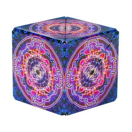 Colorful cube with vibrant neon geometric mandala patterns, optical art smoking accessory