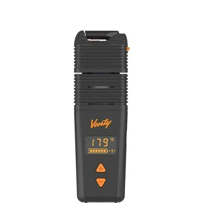 Venty portable vaporizer with digital temperature display, black and orange design