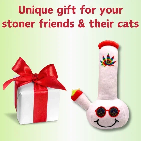 Plush bong cat toy with smiley face next to a gift box with red ribbon on green background.