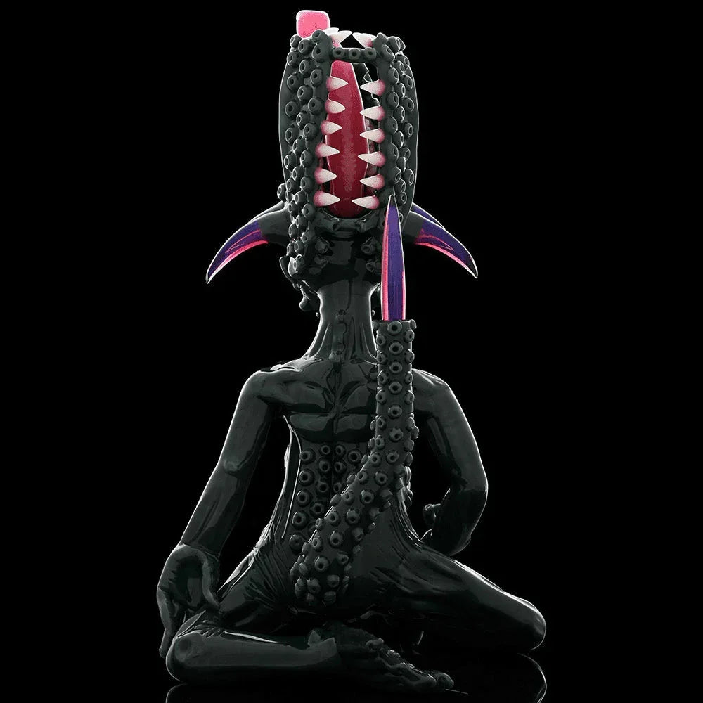Unique black heady glass sculpture with tentacles, teeth, and alien-inspired design on black background