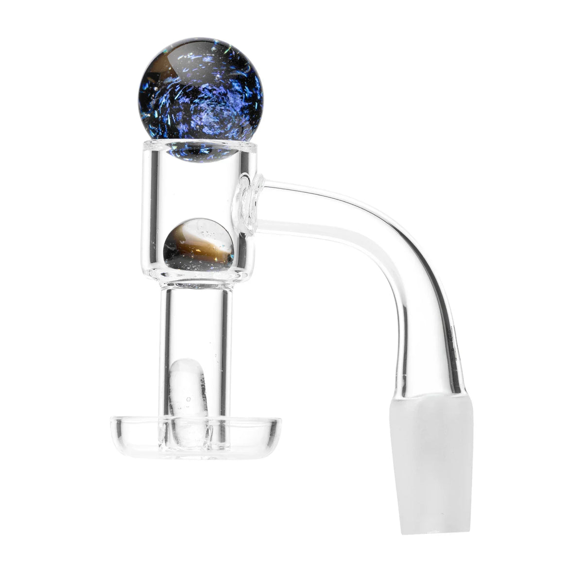 Quartz banger with blue glass marble carb cap for dab rig, isolated on white background
