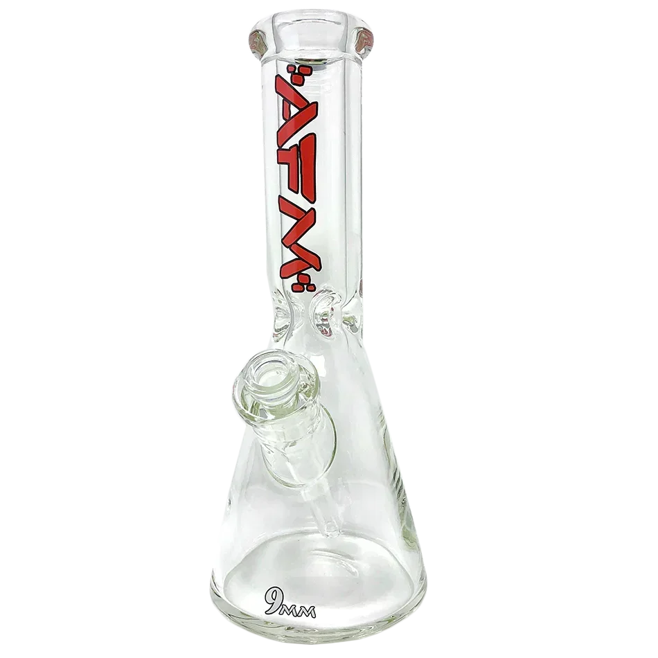 Clear glass beaker bong with AFM logo and 9mm thick base, premium smoking accessory.