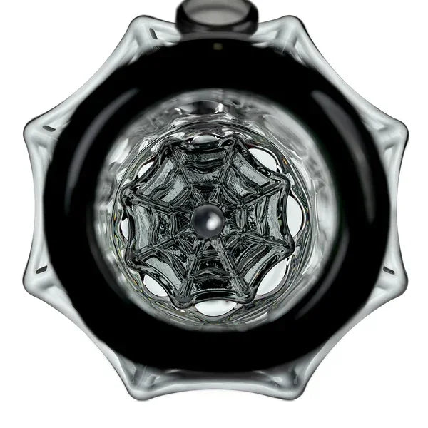 Glass pipe with intricate spider web design, top view, premium glass accessory
