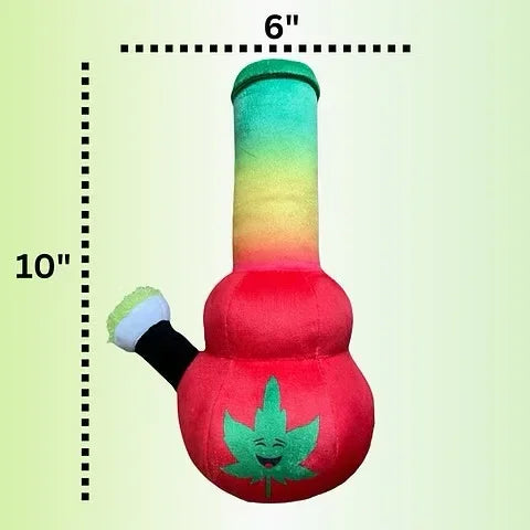 Rainbow plush bong toy with green leaf graphic, measuring 10 inches tall and 6 inches wide.