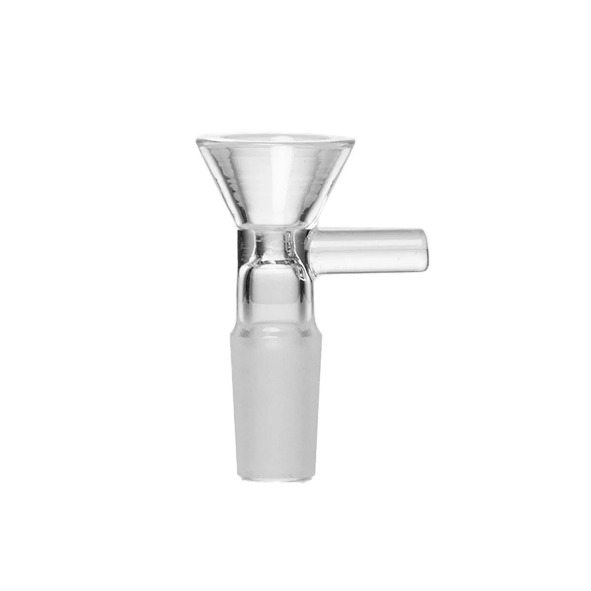 Clear glass bowl slide for water pipe or bong, isolated on white background.