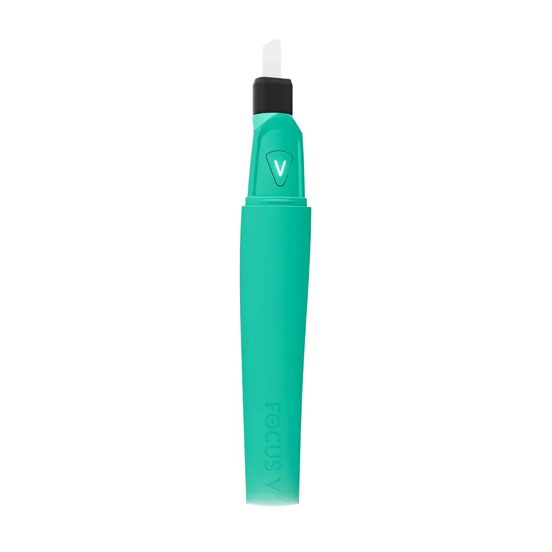 Teal Focus V electronic dab straw vaporizer with power button, isolated on white background