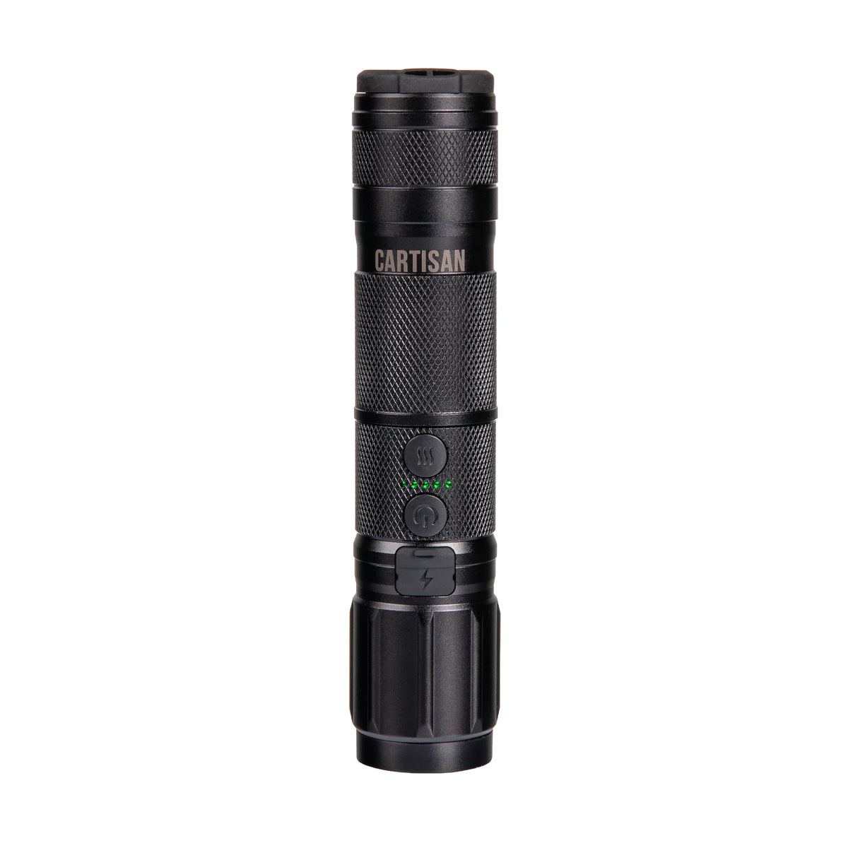 Black portable electronic vaporizer with textured grip and LED indicators