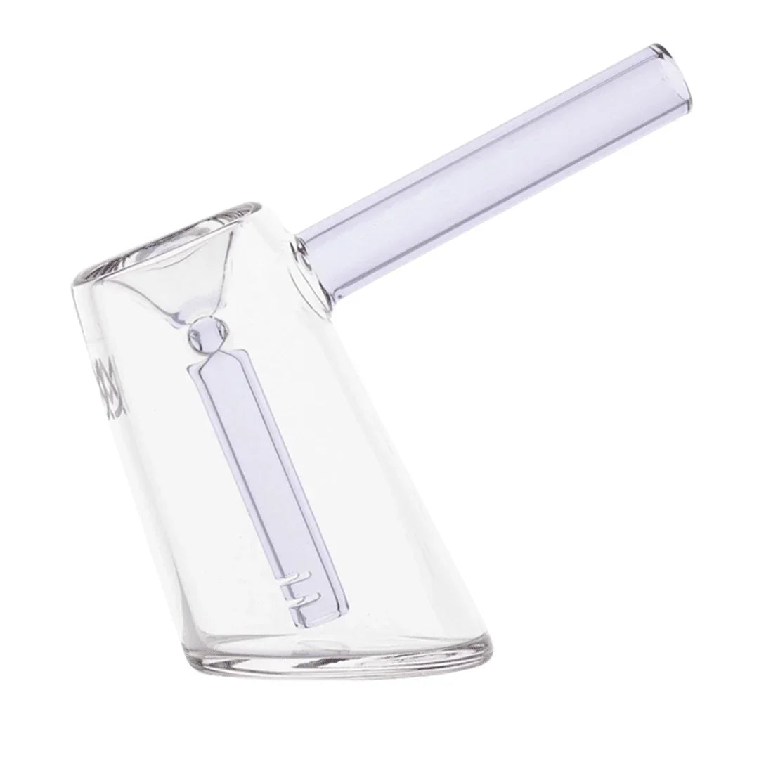 Clear glass hand pipe with angled mouthpiece and built-in percolator.