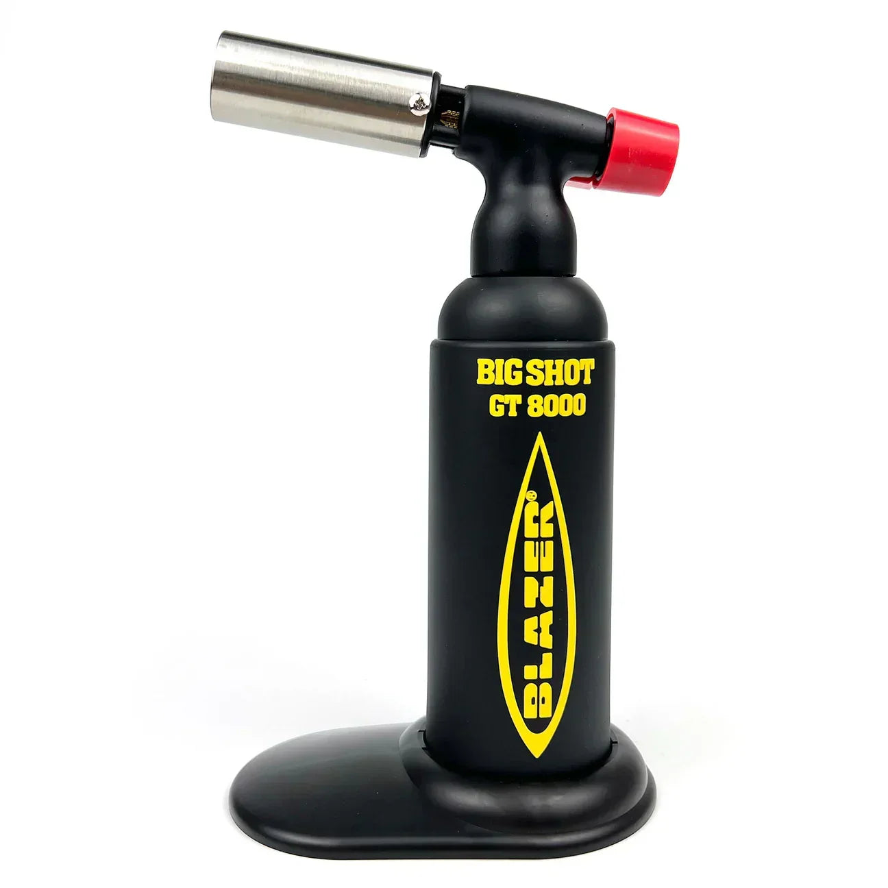 Blazer Big Shot GT 8000 black and yellow butane torch with metal nozzle on white background