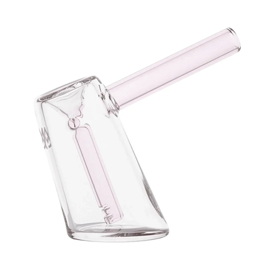 Clear and pink glass smoking hand pipe with unique angled design
