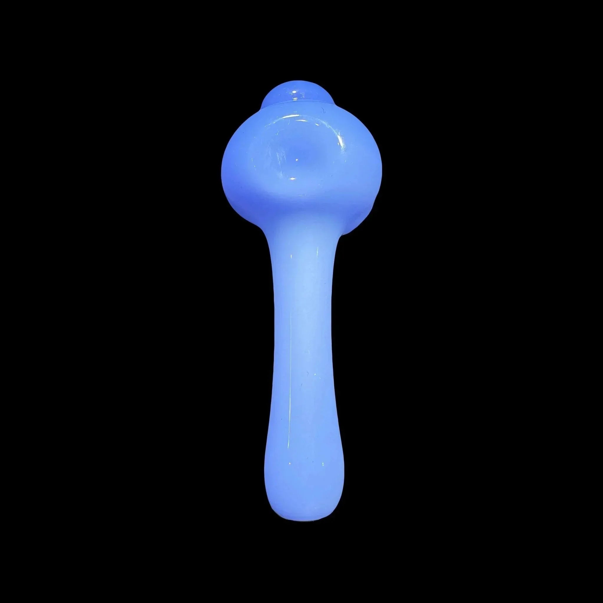 Blue glass pipe with round bowl on black background, hand-blown smoking accessory