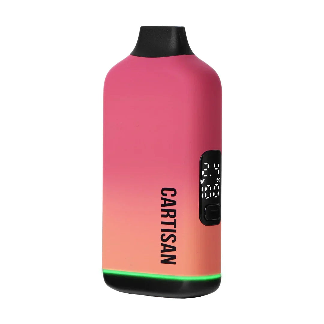Pink gradient Cartisan vaporizer with LED display and green base light on white background