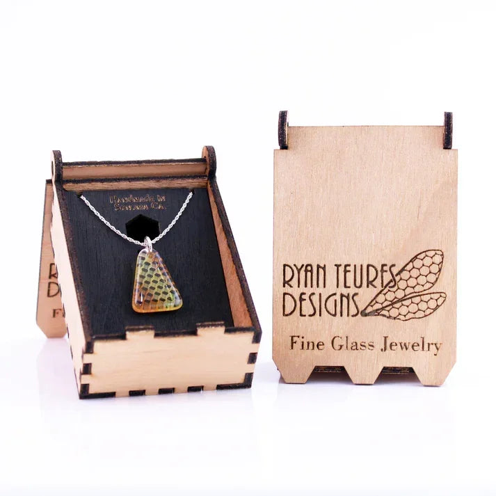 Handmade glass pendant necklace with honeycomb pattern in wooden display box, fine glass jewelry