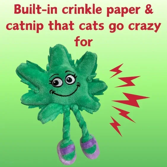 Plush cat toy shaped like a green leaf with smiling face, built-in crinkle paper and catnip.