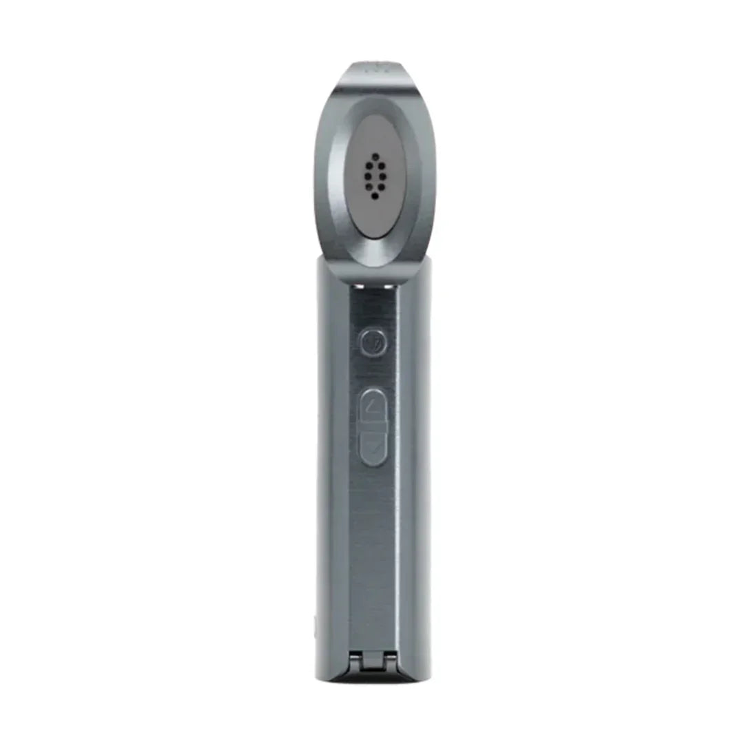 Metallic portable dry herb vaporizer with digital controls, viewed from the front.