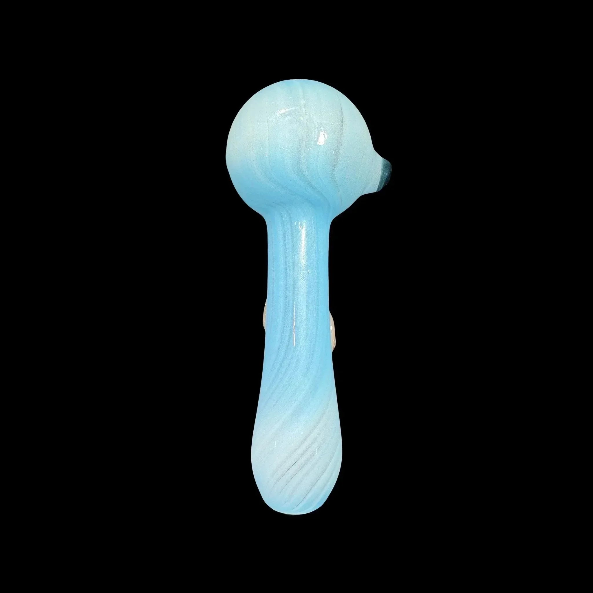 Light blue glass hand pipe with swirled design on black background