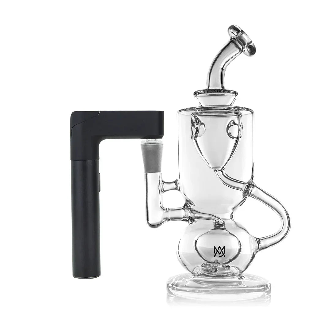 Clear glass recycler dab rig with attached black electronic vaporizer on white background