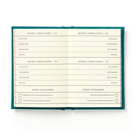 Open password journal with labeled sections for account, username, password, and notes.