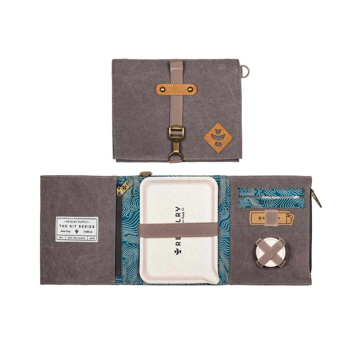 Gray canvas rolling kit organizer with compartments and accessories, opened and closed views