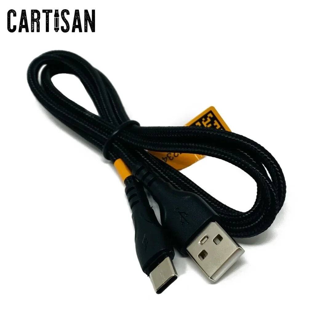Black braided USB to USB-C charging cable with Cartisan logo on white background