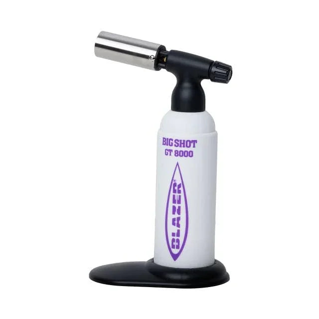 Blazer Big Shot GT8000 white and purple butane torch with standing base for glass and vaporizer use
