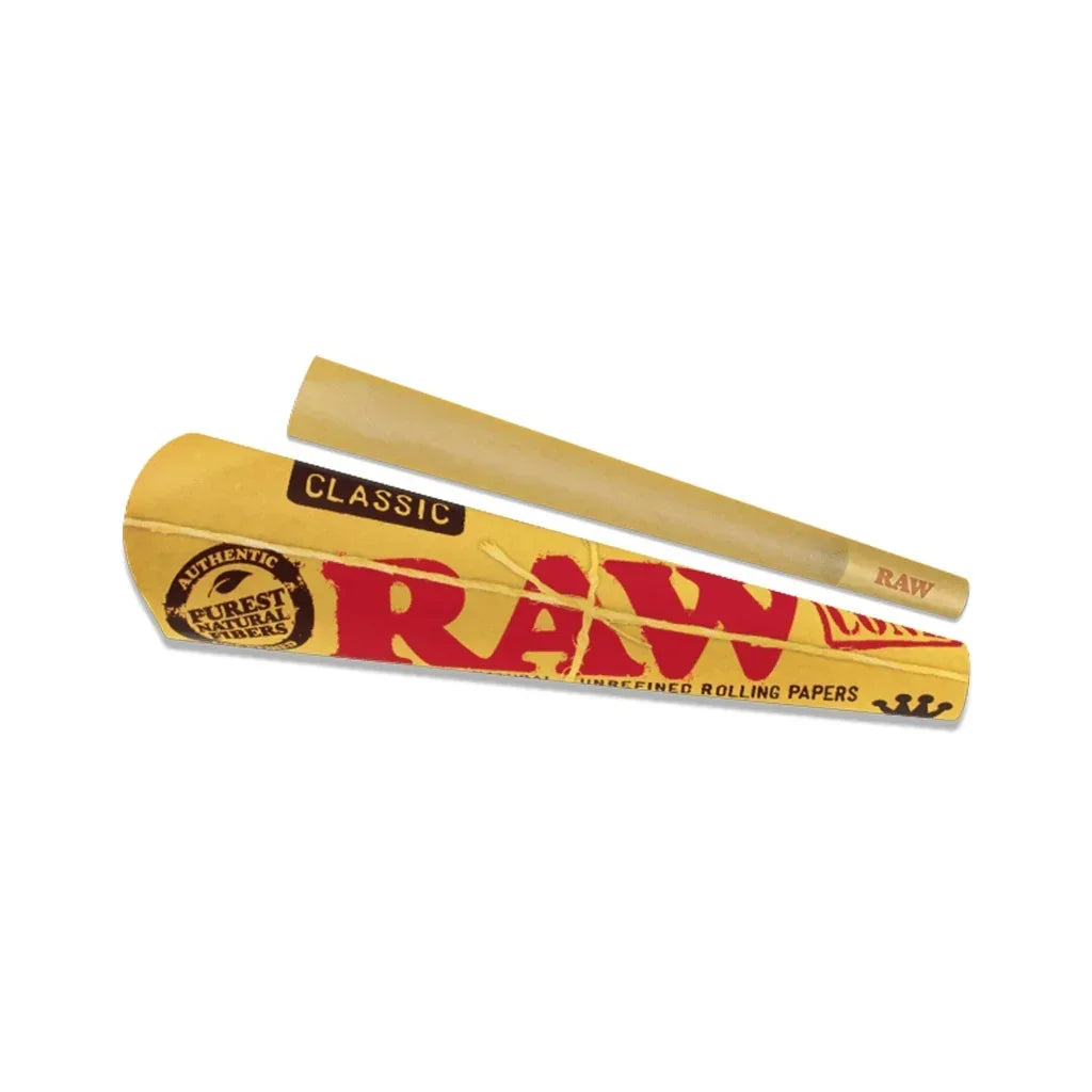 RAW Classic unrefined rolling paper cone with branded packaging on white background