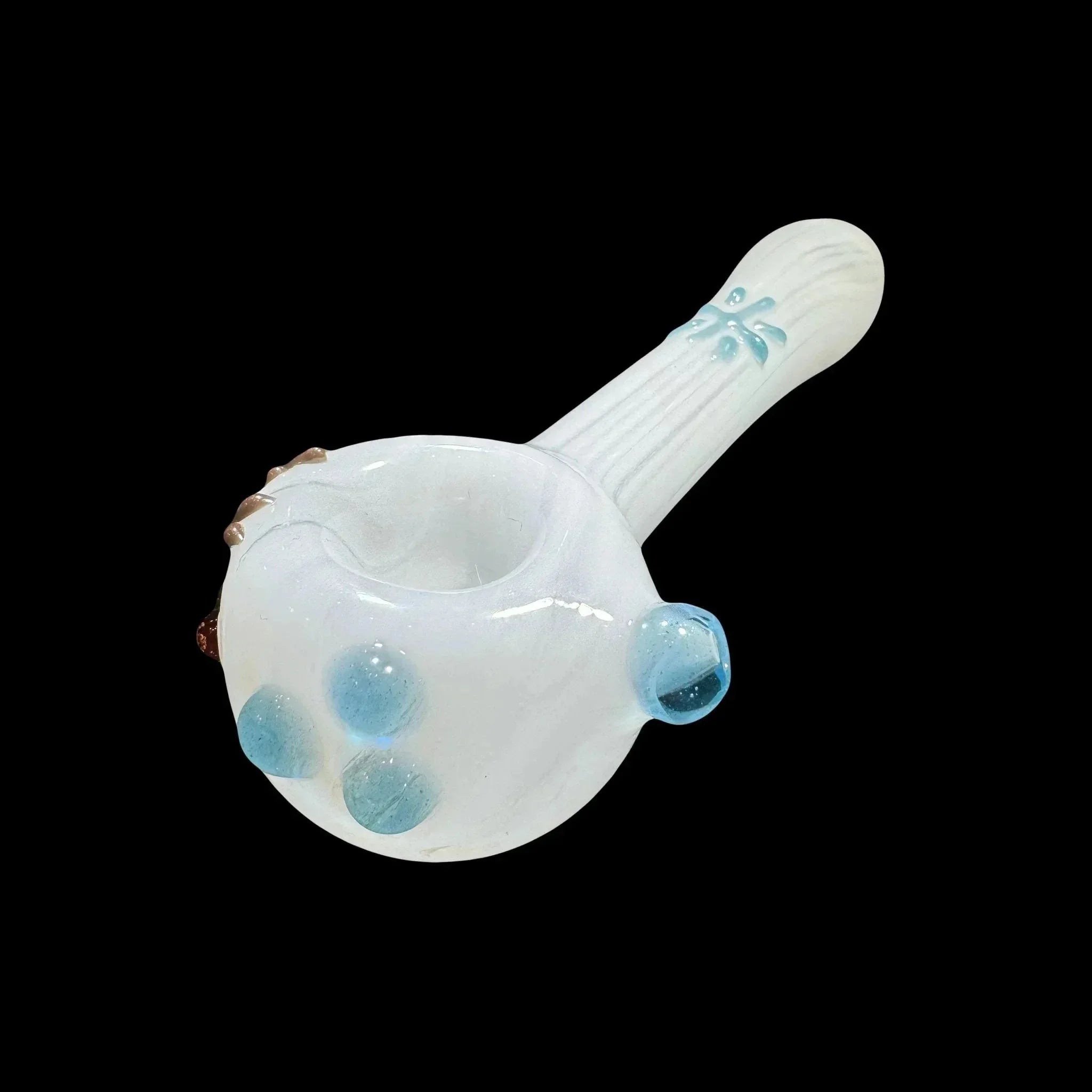 White glass hand pipe with blue accents on black background