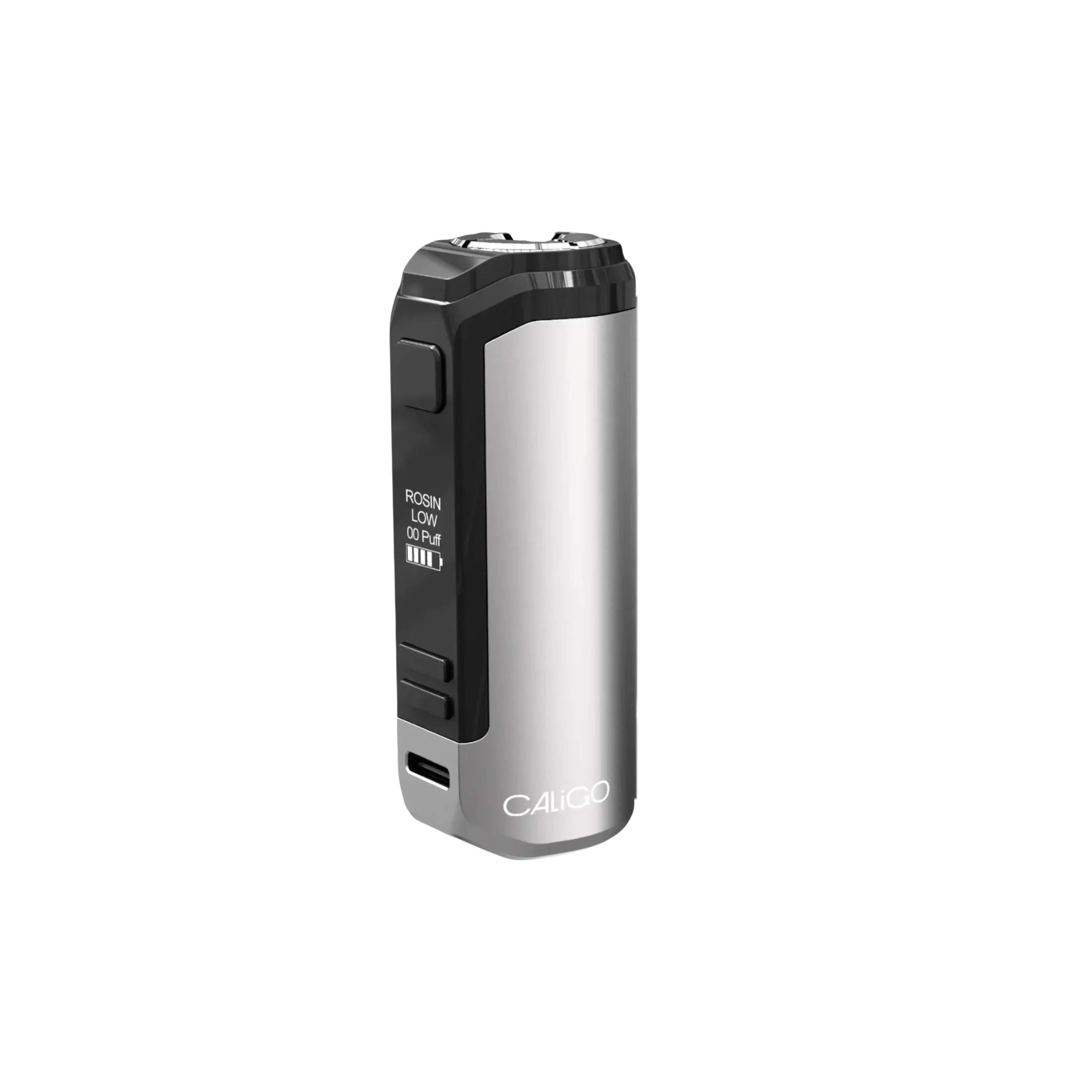 CaliGo portable vaporizer with digital display, black and silver finish, isolated on white