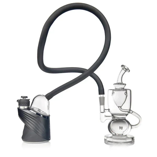 Modern glass vaporizer with black silicone hose and clear glass attachment on white background