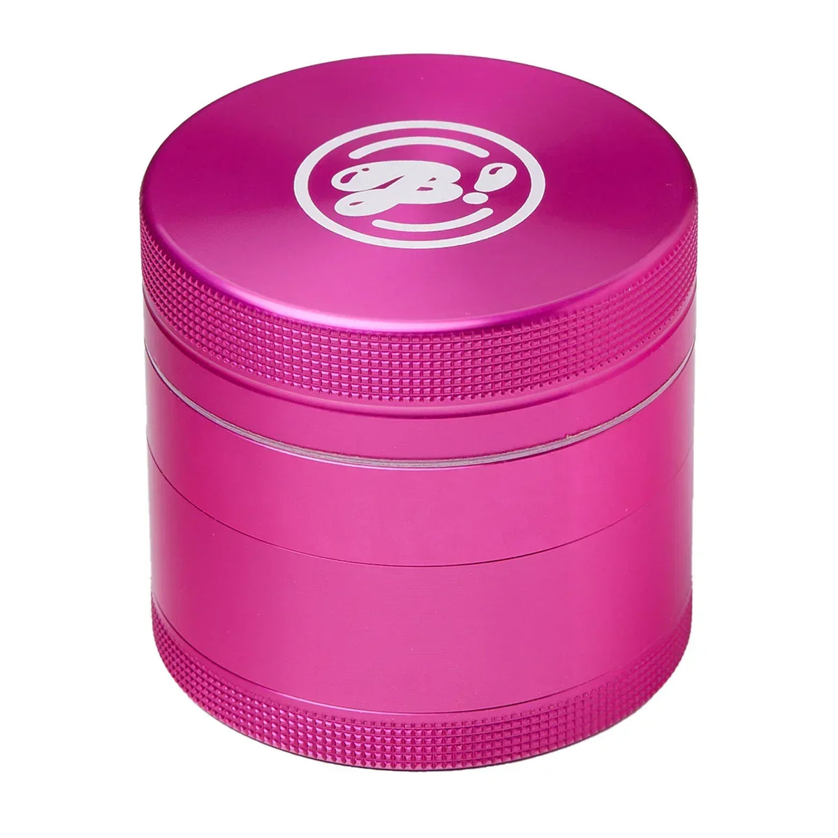 Pink metal herb grinder with textured grip and embossed top logo