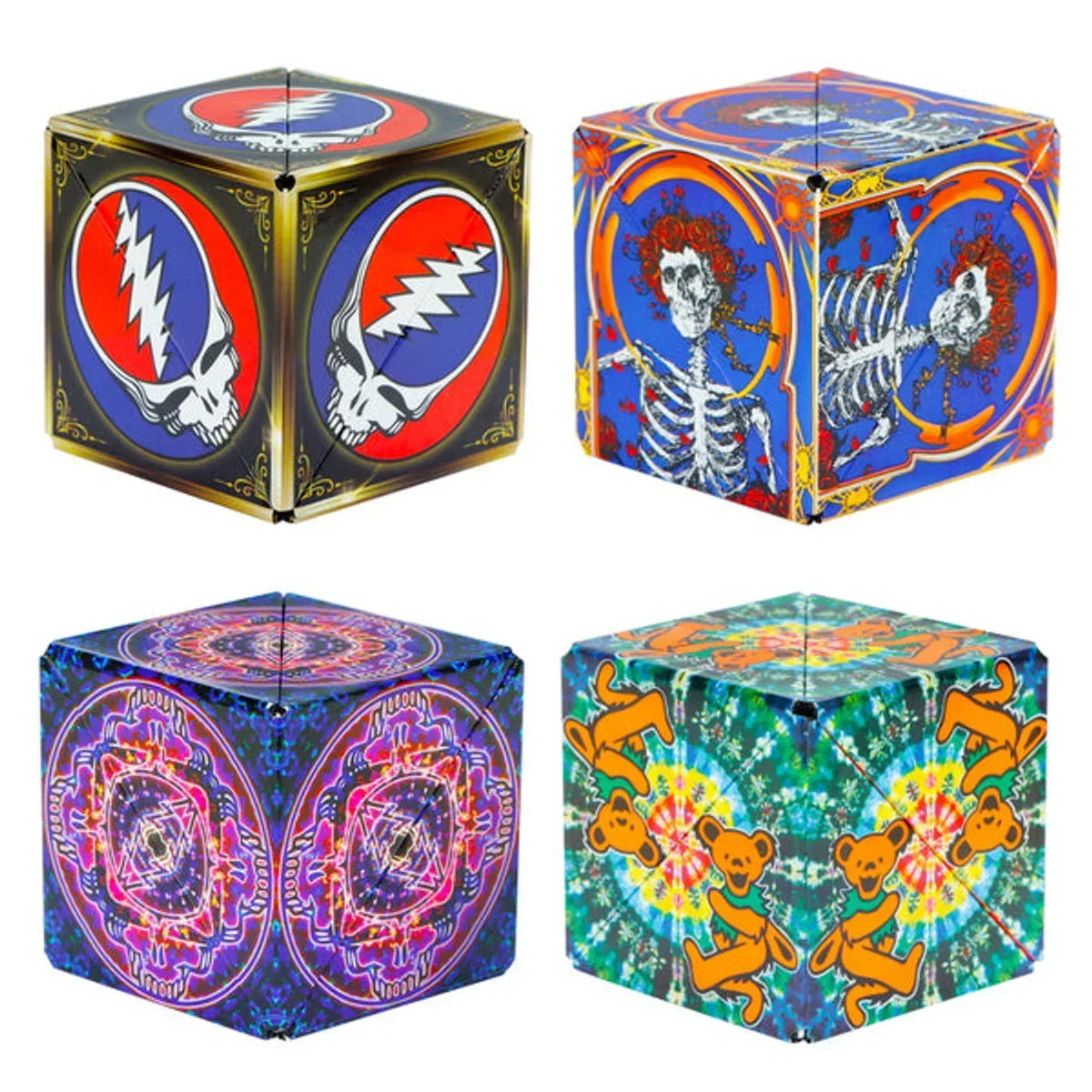 Four colorful psychedelic puzzle cubes with skull, skeleton, bear, and psychedelic art designs
