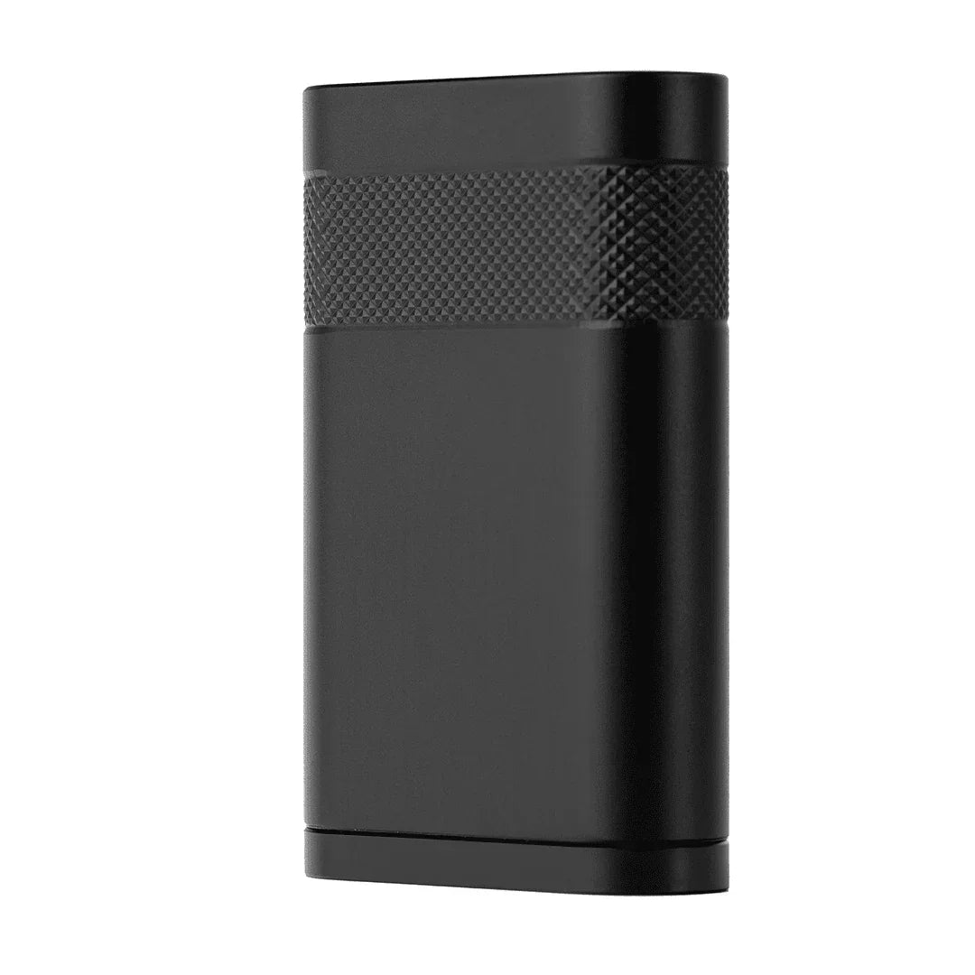 Black metal herb grinder container with textured grip, minimalist smoking accessory