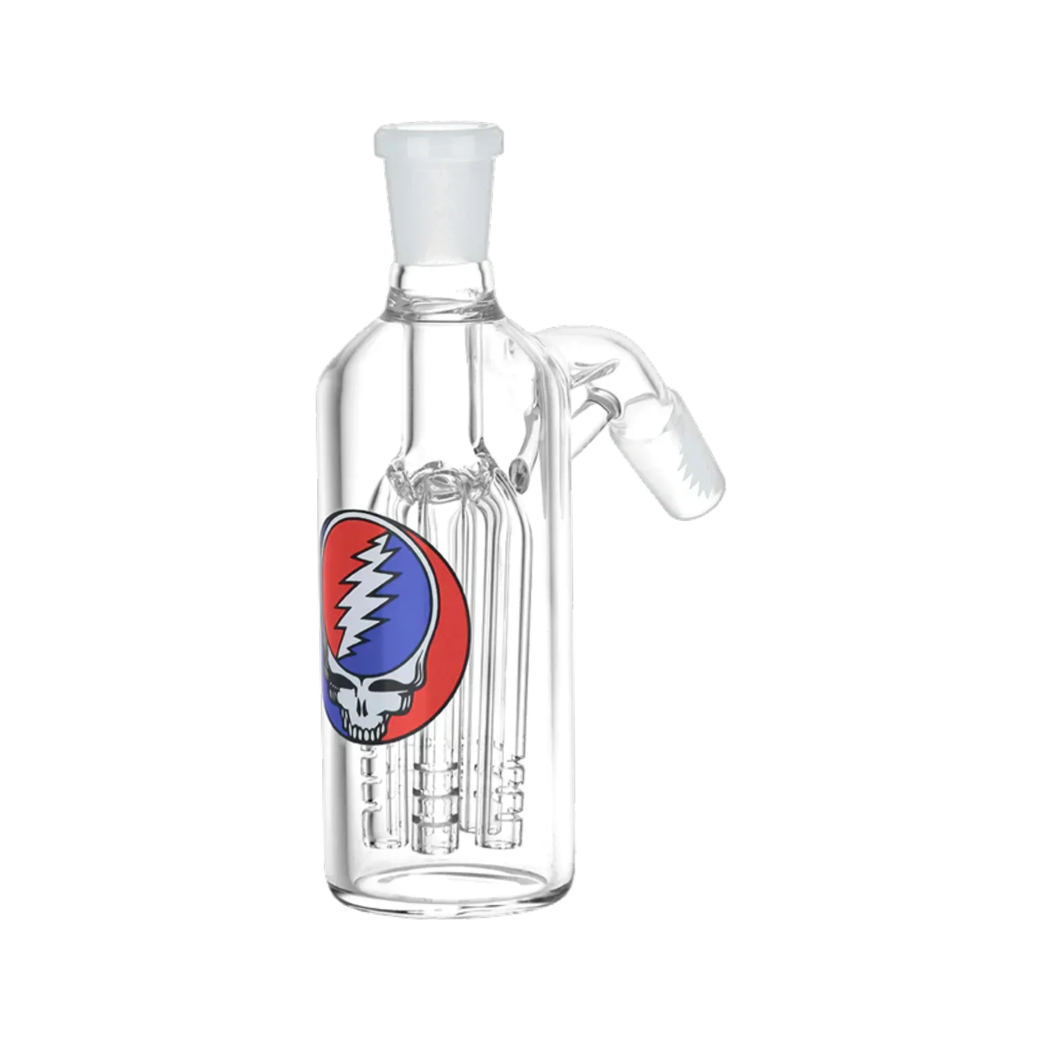 Clear glass bong ash catcher with colorful lightning skull decal and multi-arm percolator