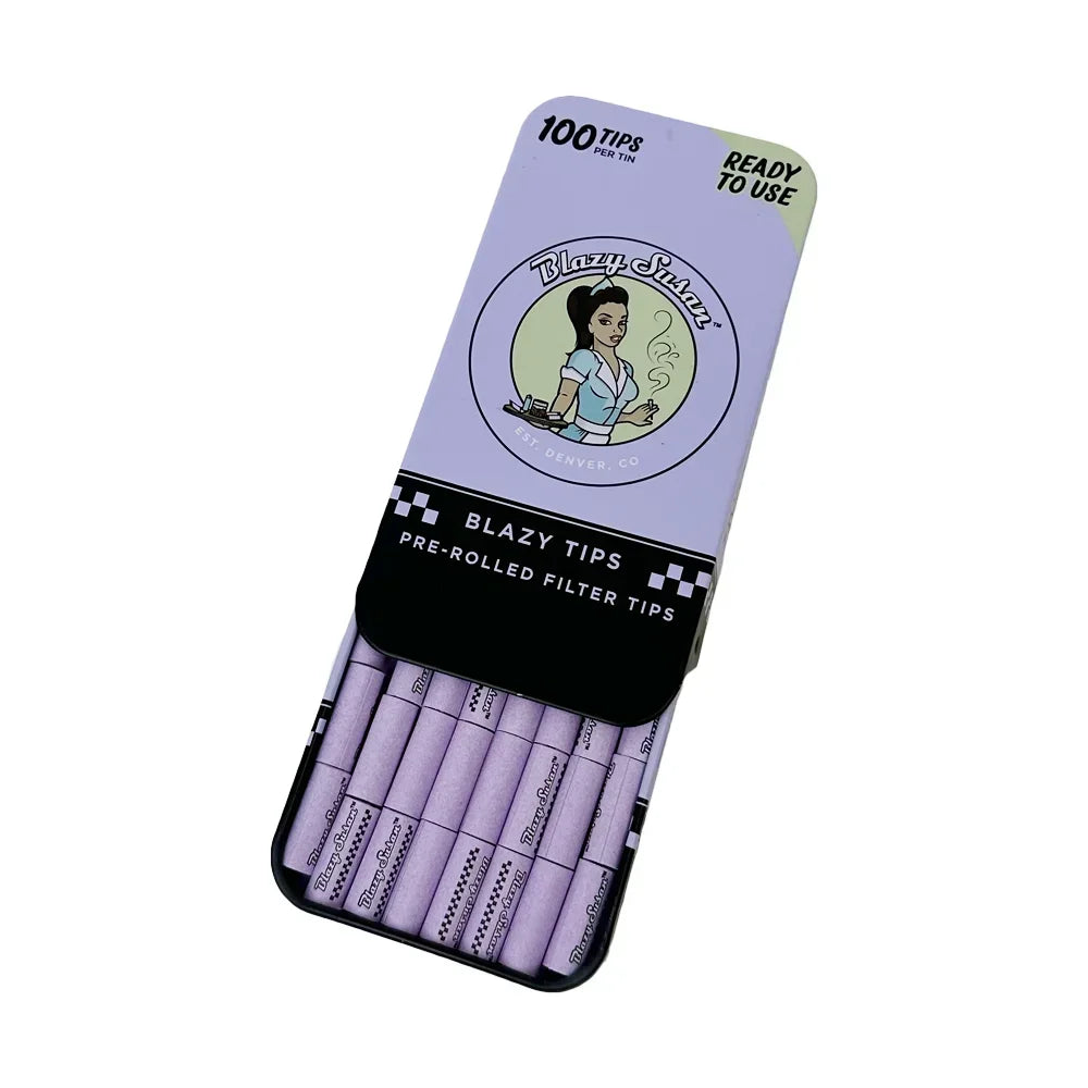 Blazy Susan pre-rolled filter tips tin, 100 purple tips, smoking accessory