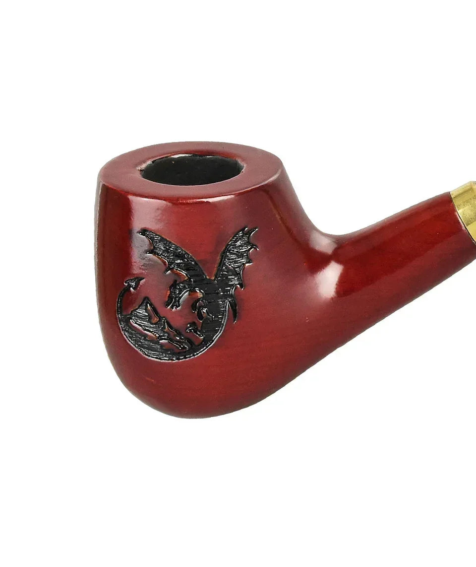 Red wooden smoke pipe with black dragon engraving and gold accent