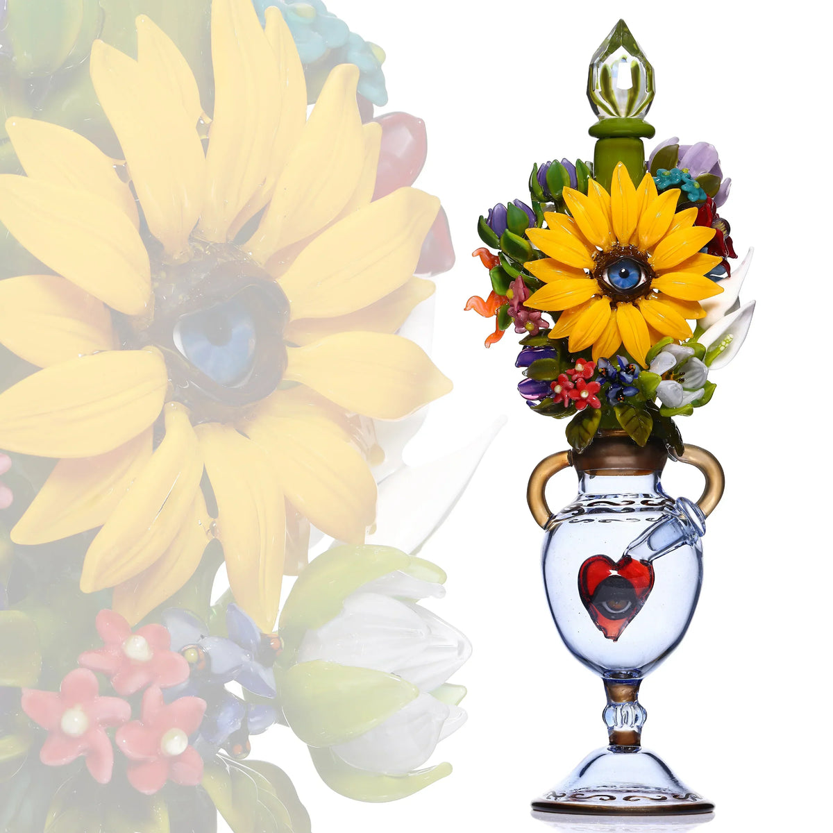 Heady glass water pipe with colorful flower and sunflower design, intricate glass art
