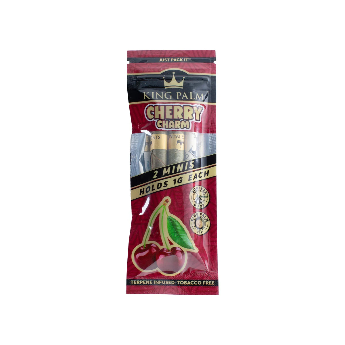 King Palm Cherry Charm 2 Minis pack with cherry flavor, terpene infused, tobacco free.