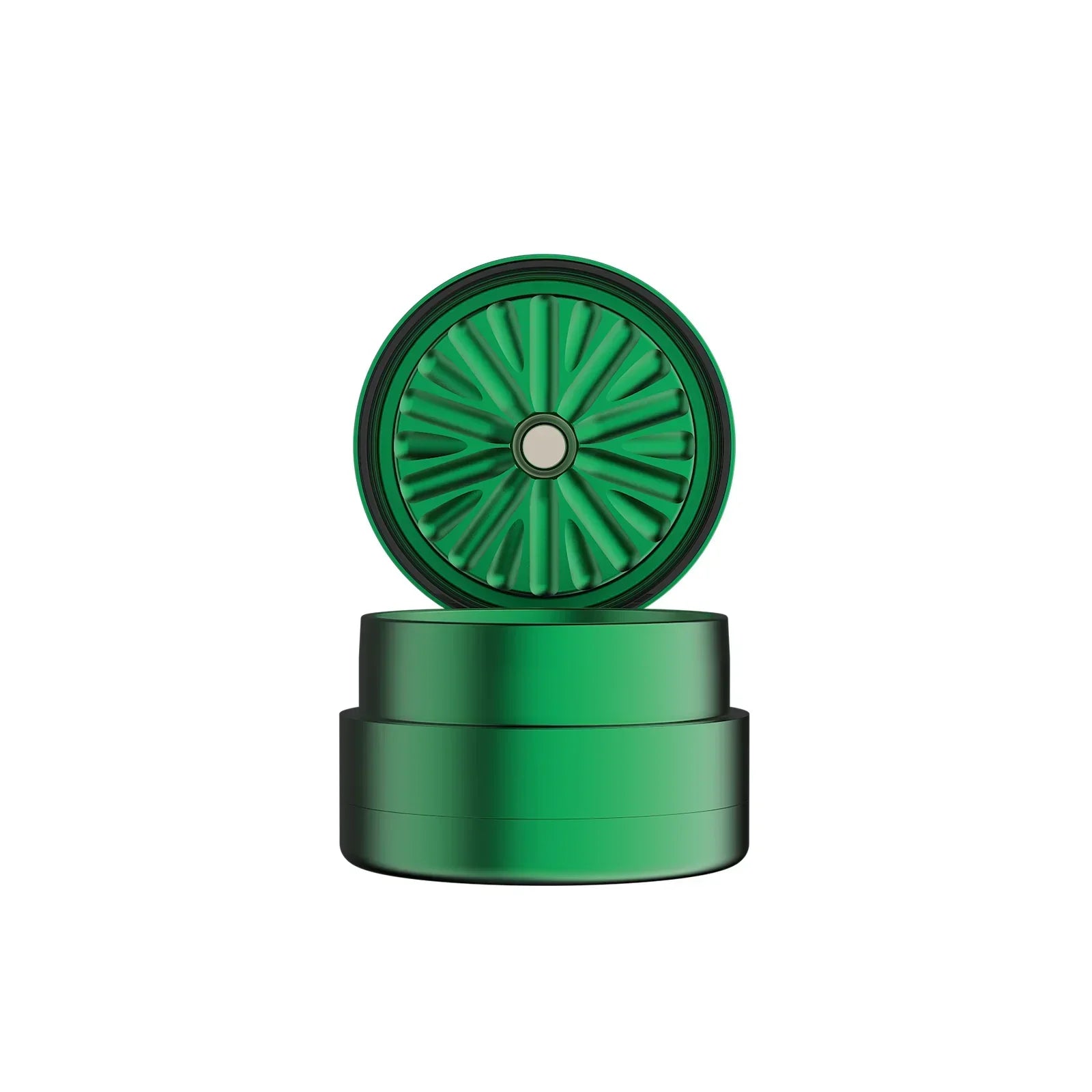 Green metal herb grinder with unique shredder teeth, displayed against a white background