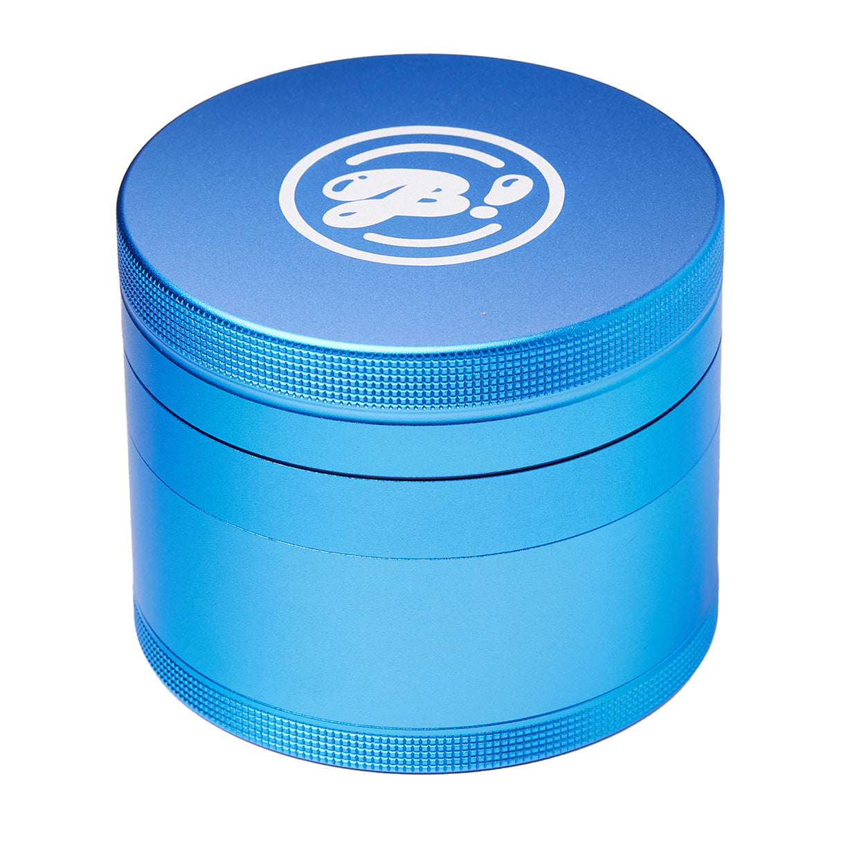Blue aluminum herb grinder with textured grip and white logo on top, isolated on white background.