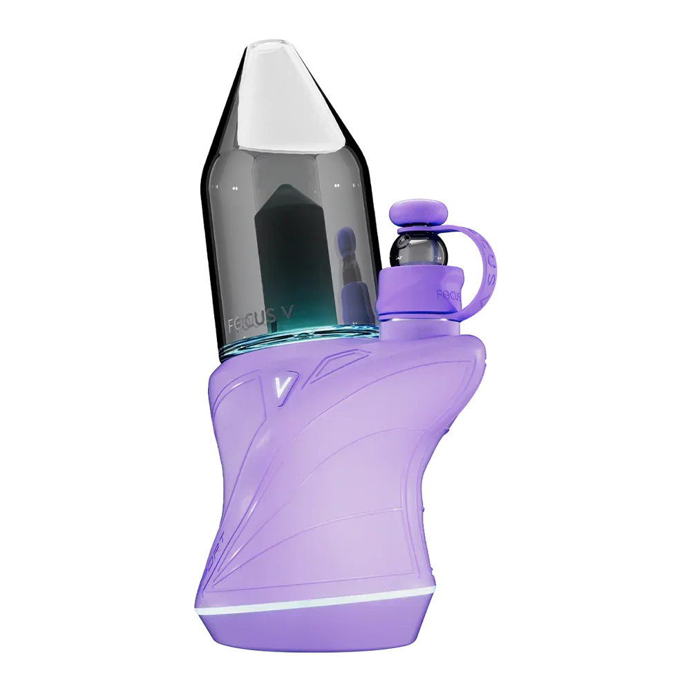 Purple electronic vaporizer with glass top and white mouthpiece, modern and sleek design