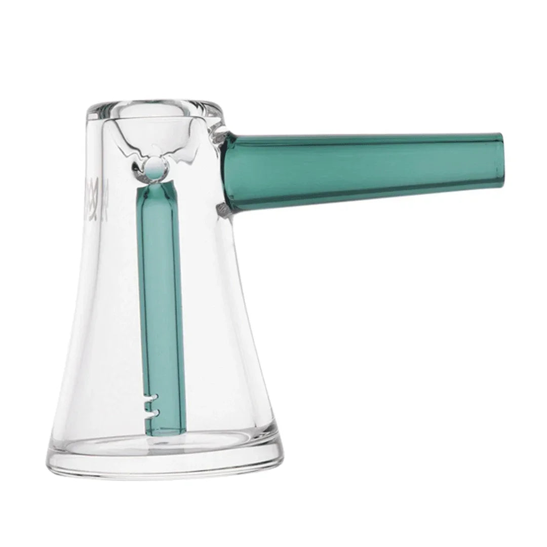 Clear and teal glass hand pipe with a modern, cone-shaped design for smoking.