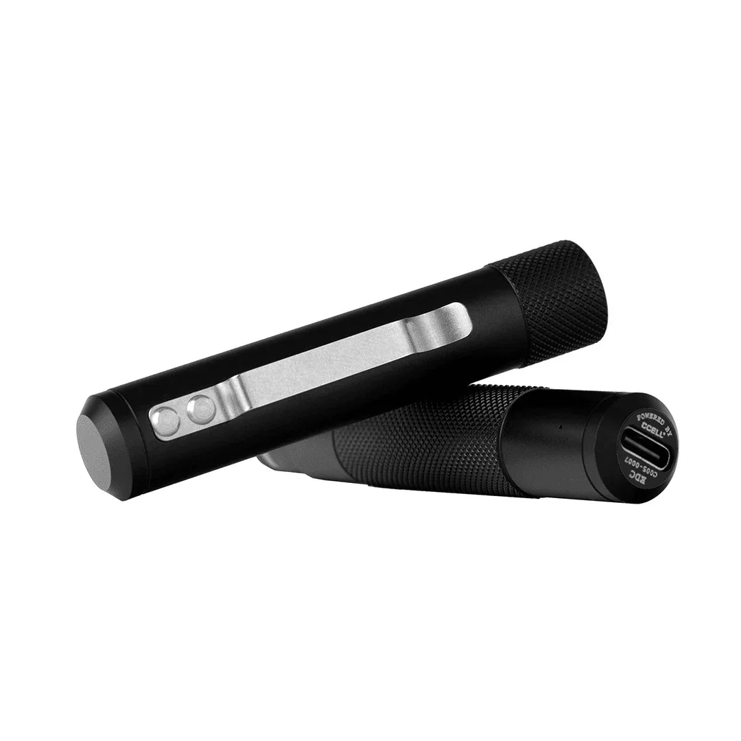 Black portable vaporizer battery with textured grip and metal clip, shown on white background.