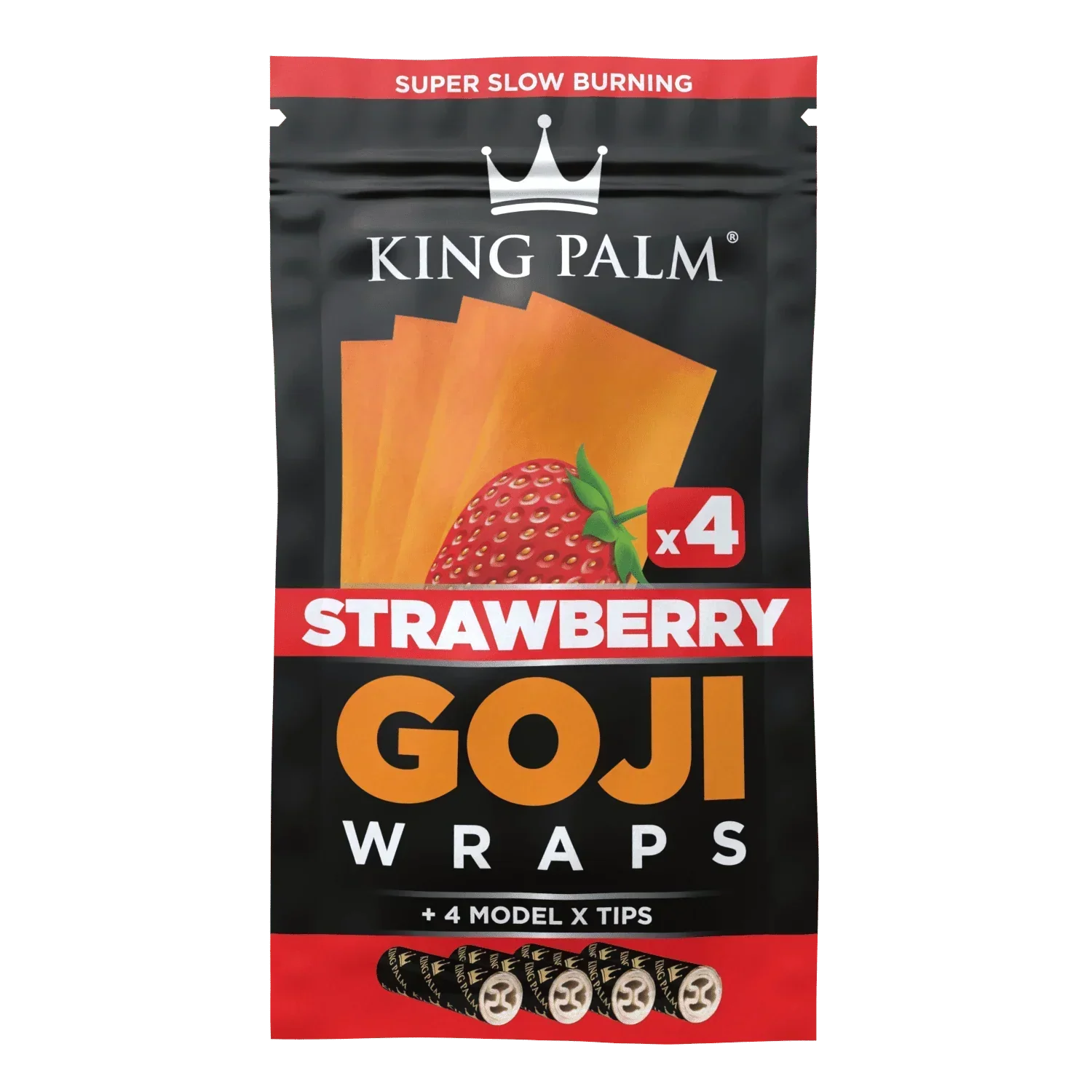 King Palm Strawberry Goji Wraps 4-pack with tips, super slow burning, strawberry flavor.
